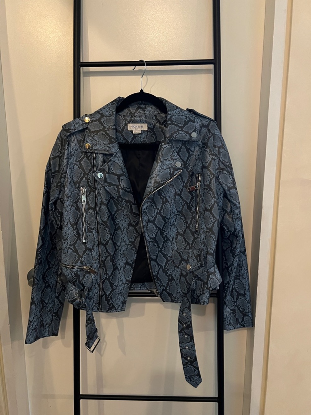 Noize Blue Snake-Print Faux Leather Moto Jacket